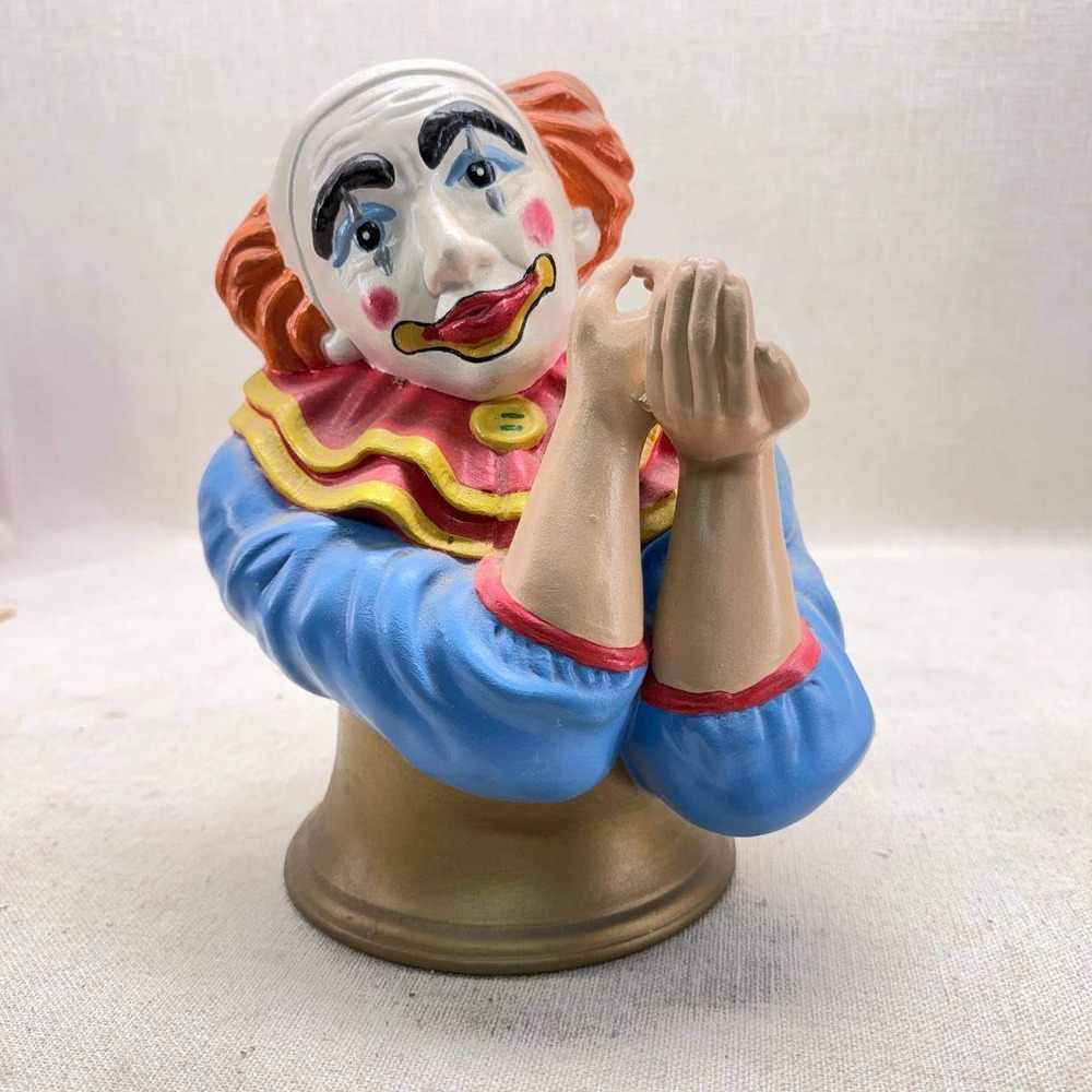 Vintage Ceramic Clown Bust Figurine 10.5 Inch Hand Painted Circus Decor Blue Red